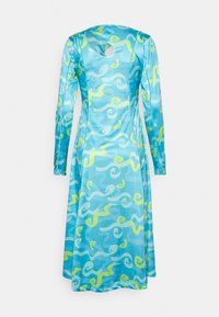 Vestido de mangas longas em satin leve, com uma base turquesa e padrões abstratos em amarelo e verde em espiral, e um detalhe de abertura nas costas.