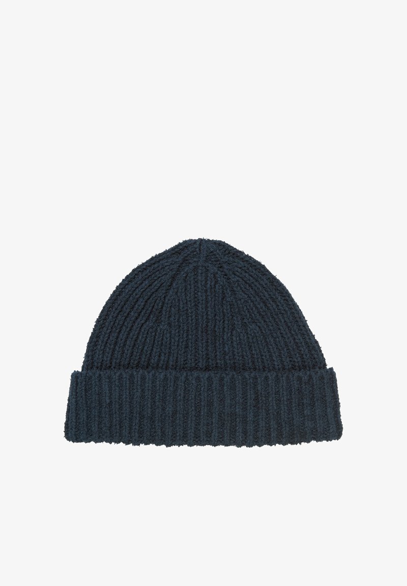 Dark blue knitted beanie hat with a textured rib pattern and a rolled cuff. The material appears soft and warm, suitable for cold weather.