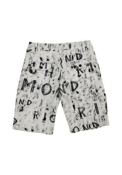 Pantaloni corti bianchi con una stampa astratta nera e grandi lettere. Realizzati in tessuto leggero, hanno una vestibilità comoda e tasche frontali.