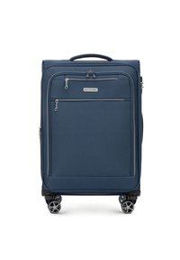 Valigia con ruote di colore blu navy, dotata di due tasche frontali con zip, tessuto testurizzato e maniglia superiore. Presenta quattro ruote girevoli per una facile mobilità.