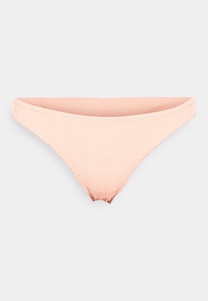 Light pink bikini bottom with textured fabric, classic shape, and narrow sides. Smooth interior lining for comfort and fit.