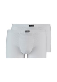 Mænds boxer briefs i hvid med et rutenetmønster. Blødt stof, midt på låret længde, med sorte mærkater fra mærket ved taljen. Sælges i sæt med to.