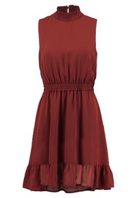 Vestido sin mangas de color marrón con un alto cuello con volantes, cintura elástica y una falda acampanada que presenta un borde de volantes transparentes en el dobladillo.