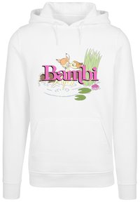 Fehér kapucnis pulóver, amelyen egy színes "Bambi" grafika található, vízparton lévő karakterekkel, zöld náddal és rózsaszín tündérrózsákkal körülvéve.