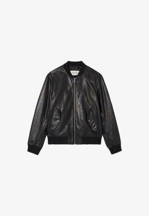Black leather bomber jacket with ribbed cuffs and collar, zip closure, and two front pockets featuring snap fasteners. Smooth texture.