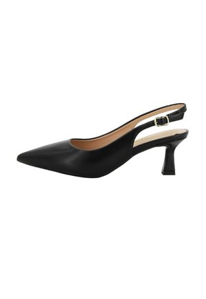 Décolleté slingback in pelle nera con punta affilata, tacco a campana di media altezza e cinturino regolabile con fibbia.
