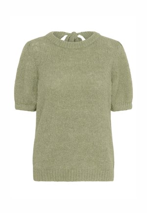 Maglione corto verde chiaro a maniche corte con scollatura rotonda e dettaglio a fiocco sul retro. Tessuto morbido e testurizzato con vestibilità comoda.