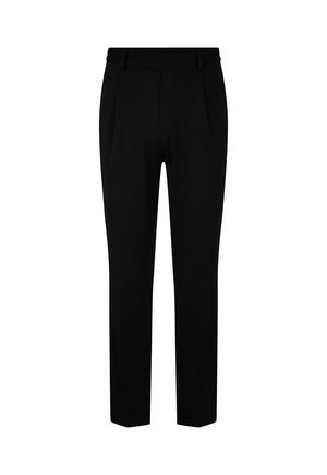 Schwarze maßgeschneiderte Hose mit geradem Schnitt, gefalteter Vorderseite und glatter Stoffstruktur. Ausgestattet mit einem Bund mit Gürtelschlaufen.