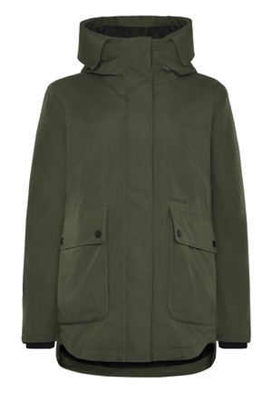 Olive green parka jacket with a front zipper, large pockets, adjustable hood, and elastic cuffs; smooth, waterproof material with stitched details.
