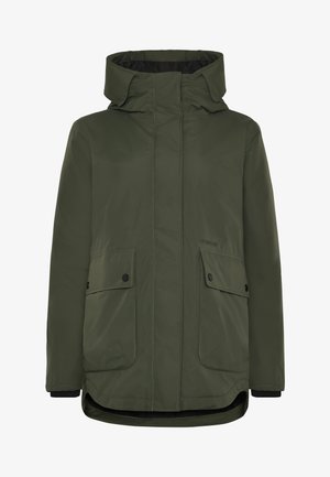 Olive green parka jacket with a front zipper, large pockets, adjustable hood, and elastic cuffs; smooth, waterproof material with stitched details.