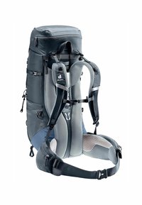 Deuter backpack with a dark gray exterior, padded mesh shoulder straps, adjustable hip belt, and a top zipper compartment.