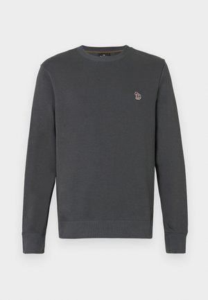 Felpa grigia scuro con collo rotondo, maniche lunghe e un piccolo logo di una zebra ricamato colorato sul lato sinistro del petto.