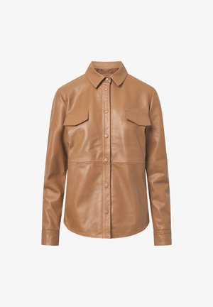 Brown leather shirt jacket with a collared neck, two chest pockets, and button closures. Smooth texture with a fitted silhouette.