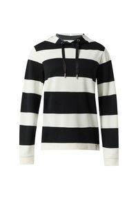 Black and white striped hooded sweatshirt with long sleeves, drawstring accents, and soft fabric texture. Features a relaxed fit.