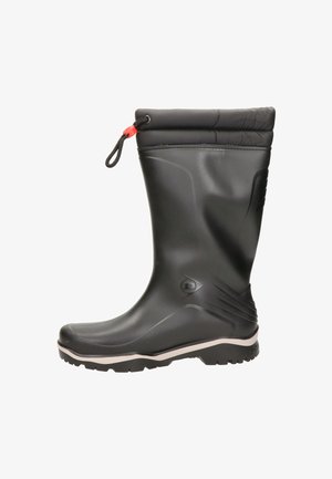 Botte étanche en caoutchouc noir avec une tige texturée, forme flexible, semelle épaisse et cordon rouge en haut pour ajustement.