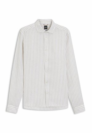 Herres langærmede skjorte med knapper, beige og hvide lodrette striber og klassisk krave.