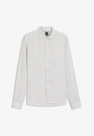 Herrenhemd mit langen Ärmeln, Knopfleiste, beigen und weißen vertikalen Streifen und klassischem Kragen.