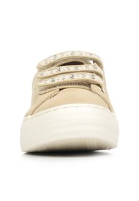 Beige suede sneaker with white rubber sole, featuring three elastic bands across the top with a textured pattern for easy wear.