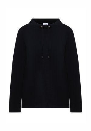 Hoodie noir en tissu doux avec un col montant, des manches longues et un cordon de serrage avec des accents métalliques. Design simple et classique.