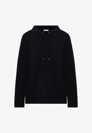 Sudadera negra de tela suave con cuello alto, mangas largas y cordón con acentos metálicos. Diseño simple y clásico.