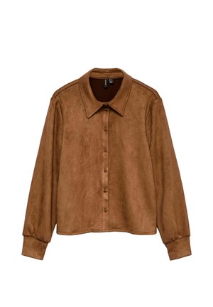 Brown faux suede shirt with a collar, button closure, long sleeves, and a relaxed fit design. Smooth texture, minimal detailing on shoulders.