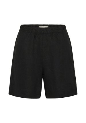 Short en lin noir avec taille élastique, coupe droite et longueur mi-cuisse, présenté sur fond blanc.
