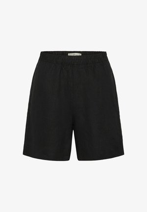 Short en lin noir avec taille élastique, coupe droite et longueur mi-cuisse, présenté sur fond blanc.