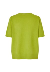 Svetr s krátkými rukávy a kulatým výstřihem v jarně zelené barvě, vyrobený z měkkého materiálu s žebrovanými manžetami a lemem. Zobrazený pohled zezadu.