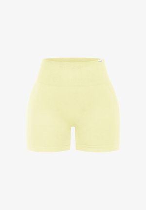 Lichtgele actieve shorts gemaakt van een gladde, rekbare stof. Heeft een hoge, elastische tailleband en een strak aansluitend ontwerp.