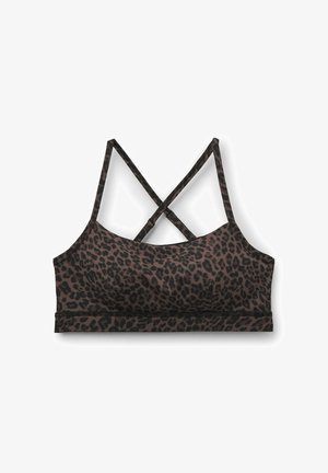 Leopardprint-Bralette in Brauntönen und Schwarz. Verfügt über Racerback-Träger und eine nahtlose Textur mit einem körpernahen Schnitt.