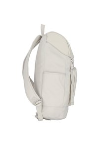 Light gray backpack with a smooth texture, curved top design, adjustable strap, side pocket, and minimal hardware details.