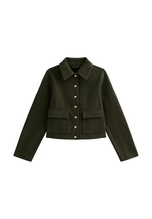 Veste cropped vert foncé en tissu doux, avec un col, des boutons dorés et deux poches avant rectangulaires.
