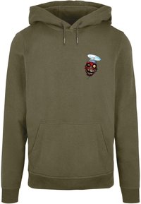Olivgrön hoodie med en framficka, prydd med en färgglad dödskallegrafik med en liten gloria. Mjuk tyg, avslappnad design och justerbar huva.
