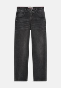 Dunkelgraue Jeans aus Denim mit geradem Schnitt, fünf Taschen und dezenten Verwaschungen. Mit Knopfverschluss und genähten Akzenten.