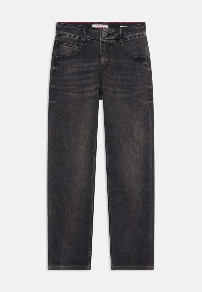 Dunkelgraue Jeans aus Denim mit geradem Schnitt, fünf Taschen und dezenten Verwaschungen. Mit Knopfverschluss und genähten Akzenten.