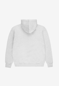 Szary, klasyczny polar z kapturem o miękkiej fakturze. Posiada kieszeń typu kangur oraz ściągacze na rękawach. Widok z tyłu pokazuje gładki, nieozdobiony design.