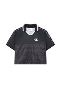 Maglietta sportiva nera tagliata con un motivo geometrico nella parte inferiore, logo Champion sul petto e loghi ripetuti lungo le maniche.