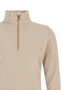 Pullover met hoge kraag, heeft een beige en witte stippenpatroon, ritssluiting en een gestructureerde breisels voor comfort.