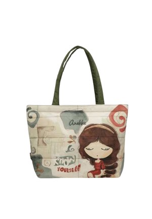 Borsa tote con manici verdi che presenta una ragazza dei cartoni animati con i capelli castani, seduta, e il testo "Conosci te stesso" in carattere decorativo.