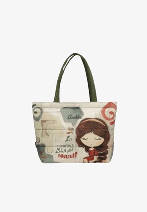 Borsa tote con manici verdi che presenta una ragazza dei cartoni animati con i capelli castani, seduta, e il testo "Conosci te stesso" in carattere decorativo.