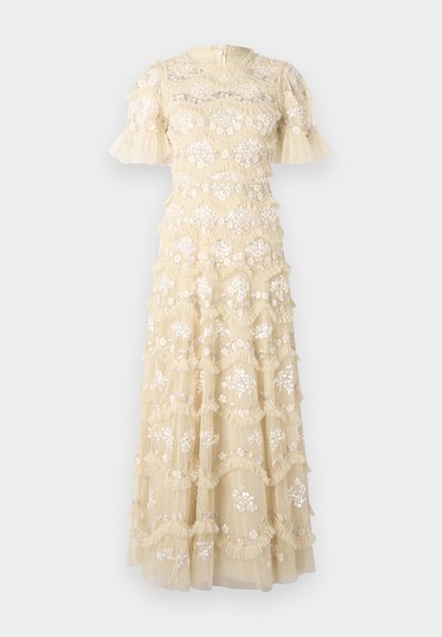 Embroidered dress in pale yellow with flared sleeves. Features floral patterns, ruffled layers, and a round neckline. Zipper closure at the back.
