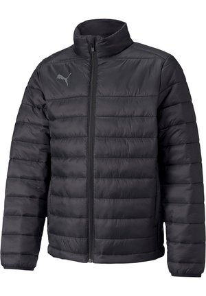 Zwarte gewatteerde jas met een hoge kraag en een rits aan de voorkant, voorzien van horizontale stiksels en een klein grijs logo op de linkerborst.