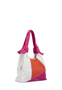 Hobo-Tasche mit pinken Ledergriffen, ausgestattet mit weißen, orangefarbenen und rosa Panels. Weiche Textur mit auffälliger Naht und Reißverschlussdetails.