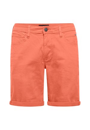 Herren-Freizeitshorts in Korallenfarbe mit umgeschlagenen Bündchen, Frontknopf, Reißverschluss und fünf Taschen.