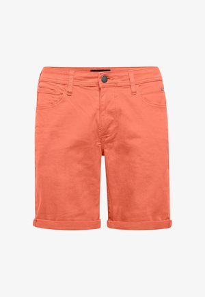 Herren-Freizeitshorts in Korallenfarbe mit umgeschlagenen Bündchen, Frontknopf, Reißverschluss und fünf Taschen.