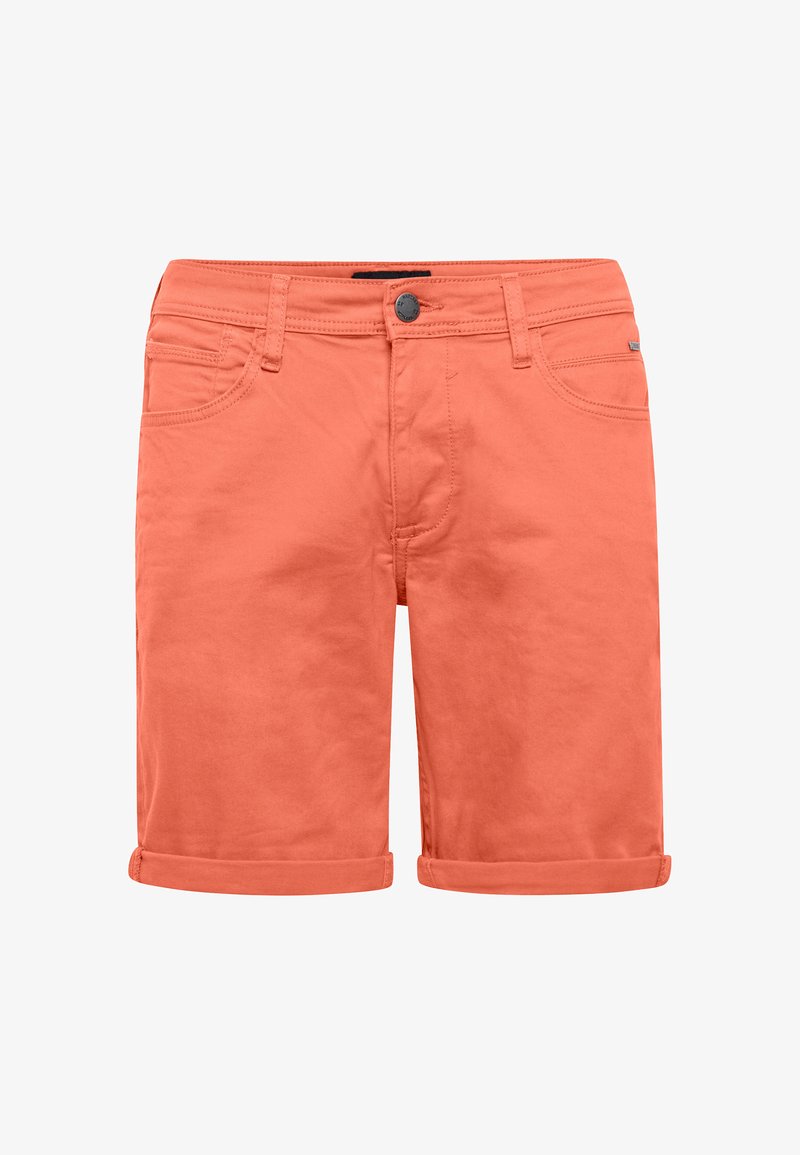Short décontracté pour homme couleur corail avec ourlets roulés, bouton devant, fermeture éclair et design cinq poches.