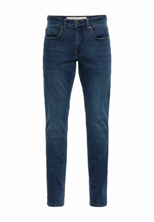 Dark blue denim jeans with a straight leg design, five pockets, and a zip fly. Features subtle stitching details and belt loops.