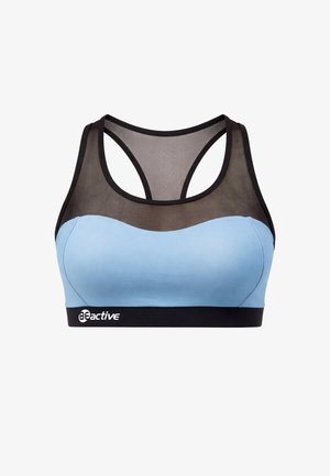 Lichtblauwe sportbeha met zwarte mesh bovenkant en zwarte elastische band. Heeft een gebogen ontwerp en branding op de band. Gladde textuur.