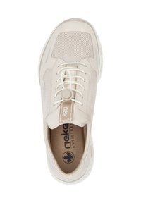 Light beige sneaker with a mesh upper, textured overlays, and white laces. Features a round button and prominently displays the brand logo inside.