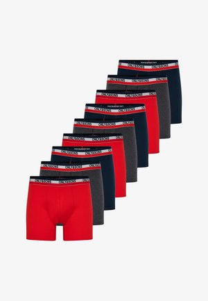 Zestaw dziewięciu męskich bokserek na zmianę w kolorach czerwonym, granatowym i szarym z czarnymi, białymi i czerwonymi pasami w talii z marką "ONLY & SONS".
